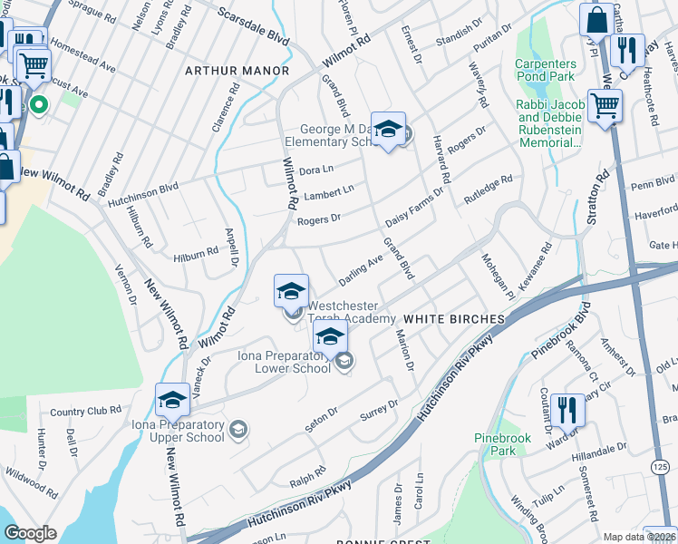 map of restaurants, bars, coffee shops, grocery stores, and more near 32 Leslie Place in New Rochelle
