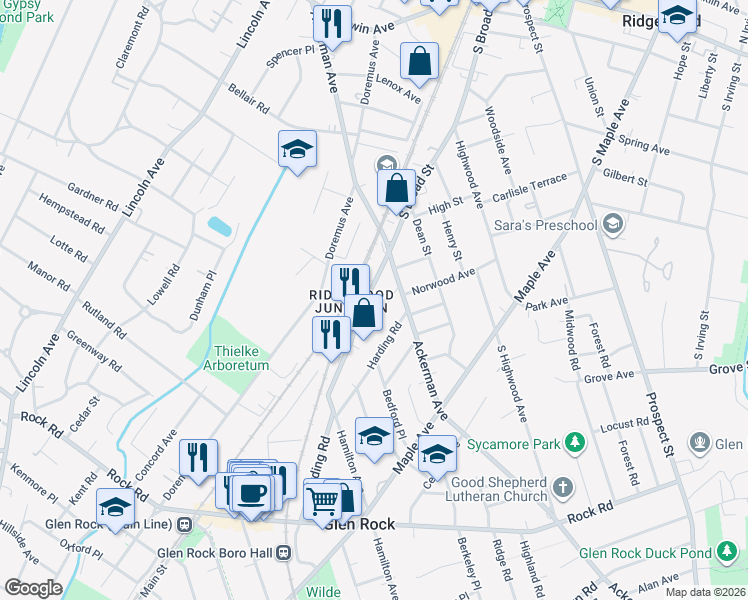 map of restaurants, bars, coffee shops, grocery stores, and more near 507 S Broad St in Glen Rock