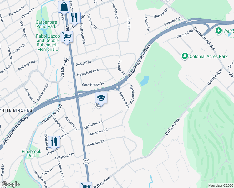 map of restaurants, bars, coffee shops, grocery stores, and more near 3 Meadow Road in Scarsdale