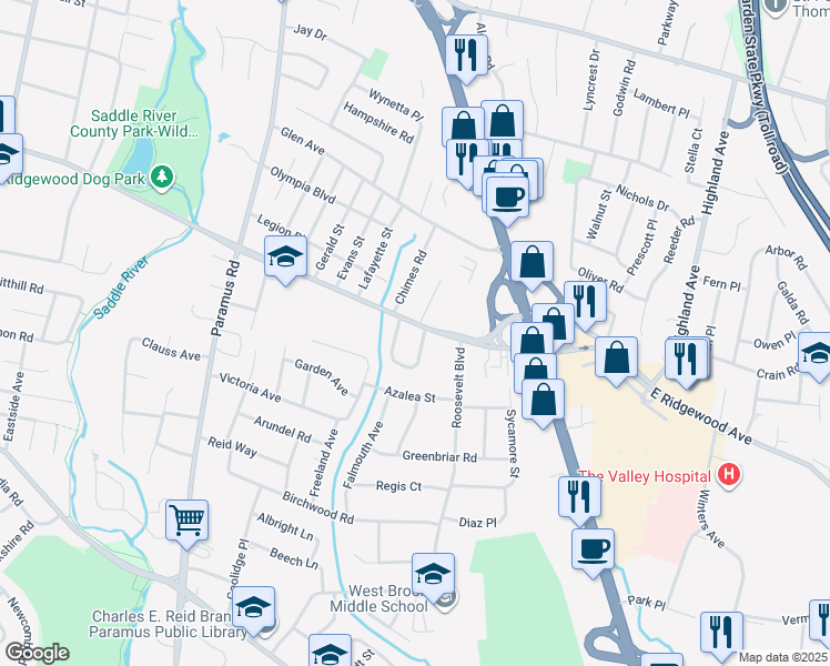 map of restaurants, bars, coffee shops, grocery stores, and more near 671 East Beverwyck Place in Paramus
