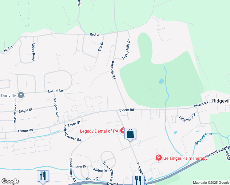 map of restaurants, bars, coffee shops, grocery stores, and more near 1-99 Kaseville Rd in Danville