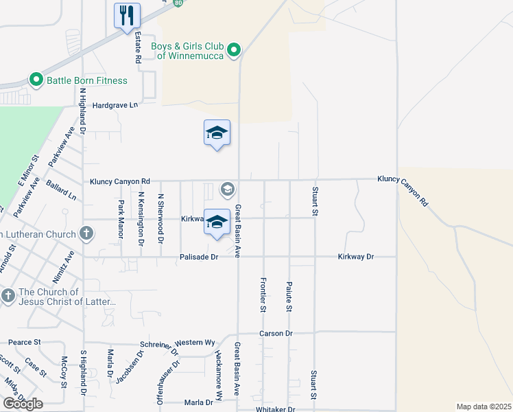 map of restaurants, bars, coffee shops, grocery stores, and more near 3312 Frontier Street in Winnemucca