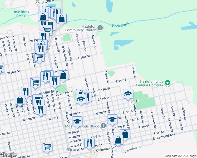 map of restaurants, bars, coffee shops, grocery stores, and more near 817 Seybert Street in Hazleton