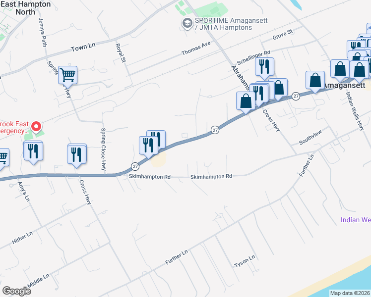 map of restaurants, bars, coffee shops, grocery stores, and more near 514 Pantigo Road in Amagansett