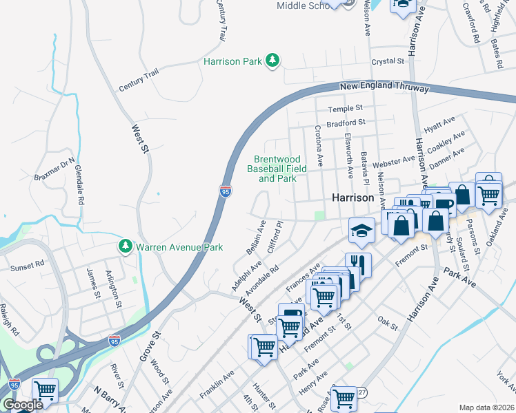 map of restaurants, bars, coffee shops, grocery stores, and more near 5 Lockwood Place in Harrison
