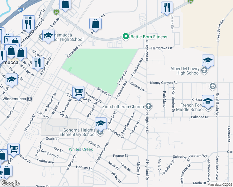 map of restaurants, bars, coffee shops, grocery stores, and more near 230 East Minor Street in Winnemucca