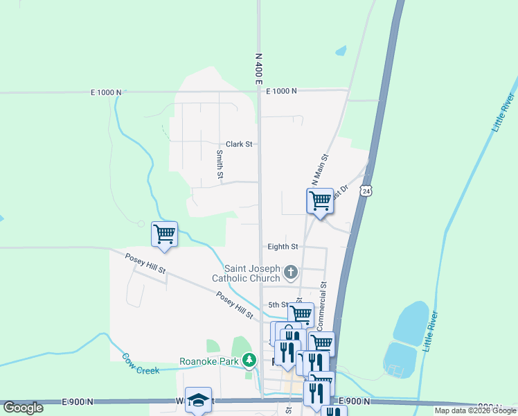map of restaurants, bars, coffee shops, grocery stores, and more near 926 North 400 East in Roanoke