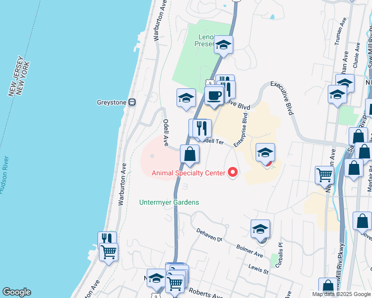 map of restaurants, bars, coffee shops, grocery stores, and more near N Broadway & Odell Ave in Yonkers