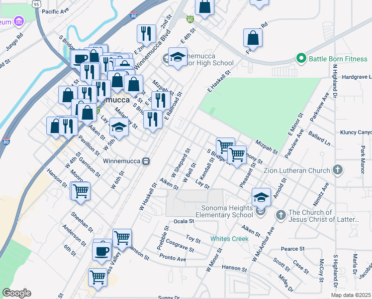 map of restaurants, bars, coffee shops, grocery stores, and more near 835 Melarkey Street in Winnemucca