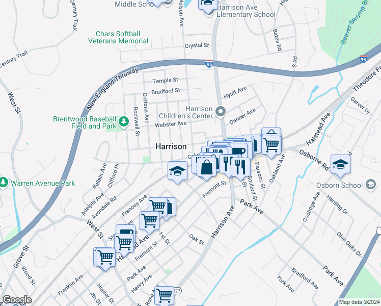 map of restaurants, bars, coffee shops, grocery stores, and more near 12 Nelson Avenue in Harrison