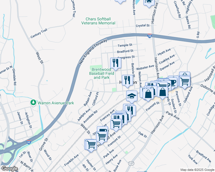 map of restaurants, bars, coffee shops, grocery stores, and more near 105 Holland Street in Harrison