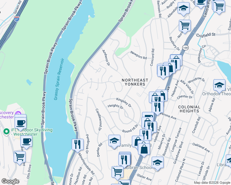 map of restaurants, bars, coffee shops, grocery stores, and more near 89 Oval Court in Yonkers