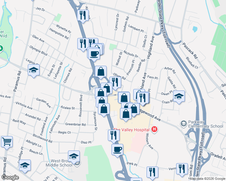 map of restaurants, bars, coffee shops, grocery stores, and more near 8 East Ridgewood Avenue in Paramus