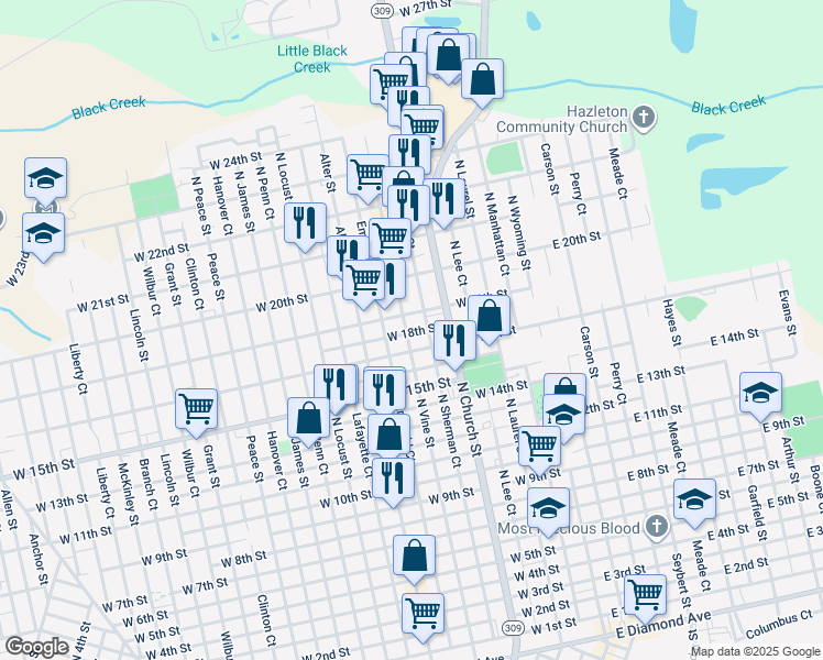 map of restaurants, bars, coffee shops, grocery stores, and more near 863 North Vine Street in Hazleton