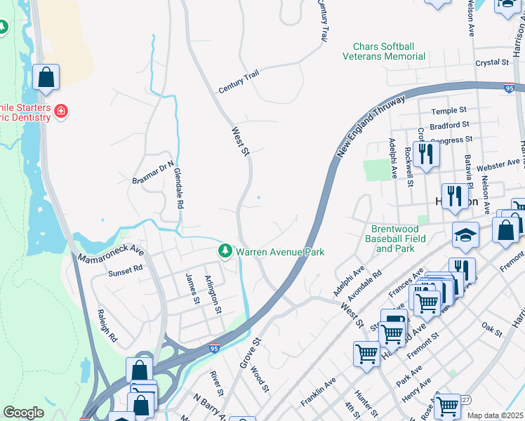 map of restaurants, bars, coffee shops, grocery stores, and more near 355 West Street in Harrison