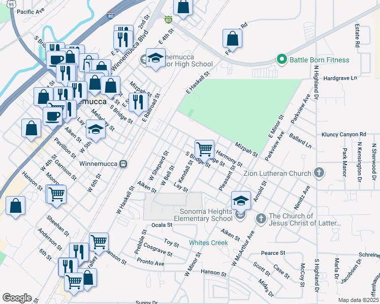 map of restaurants, bars, coffee shops, grocery stores, and more near 1053 South Bridge Street in Winnemucca