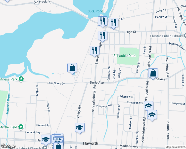 map of restaurants, bars, coffee shops, grocery stores, and more near 57 Bethany Circle in Closter