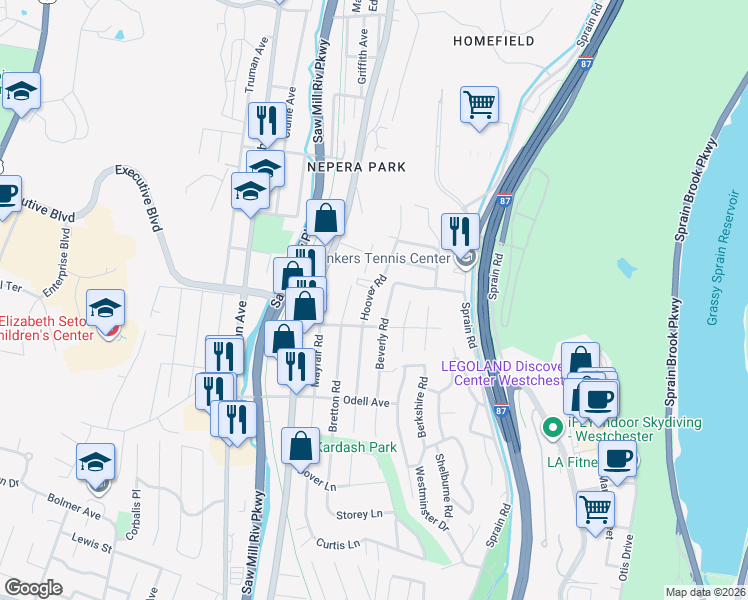 map of restaurants, bars, coffee shops, grocery stores, and more near 178 Hoover Road in Yonkers
