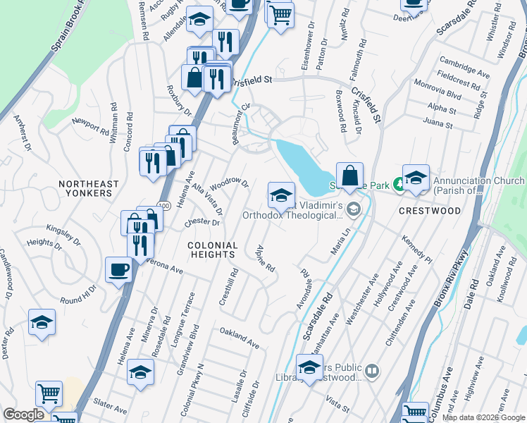map of restaurants, bars, coffee shops, grocery stores, and more near 80 Somerset Drive in Yonkers