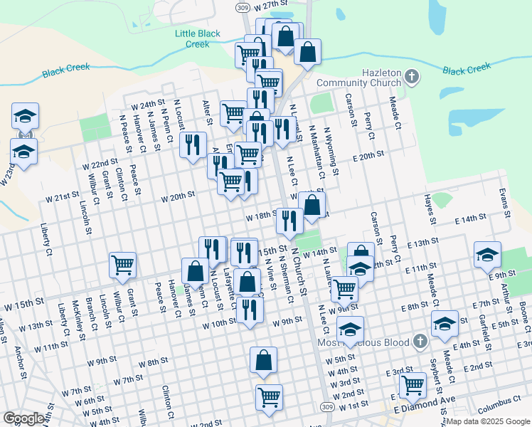 map of restaurants, bars, coffee shops, grocery stores, and more near 863 North Vine Street in Hazleton