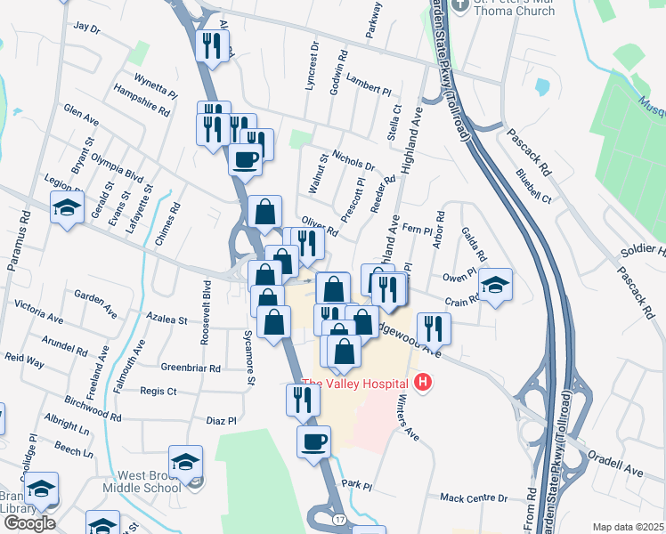 map of restaurants, bars, coffee shops, grocery stores, and more near 704 Stevens Ct in Paramus