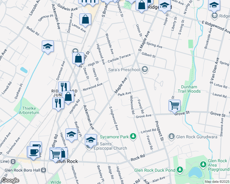 map of restaurants, bars, coffee shops, grocery stores, and more near 366 Maple Avenue in Glen Rock