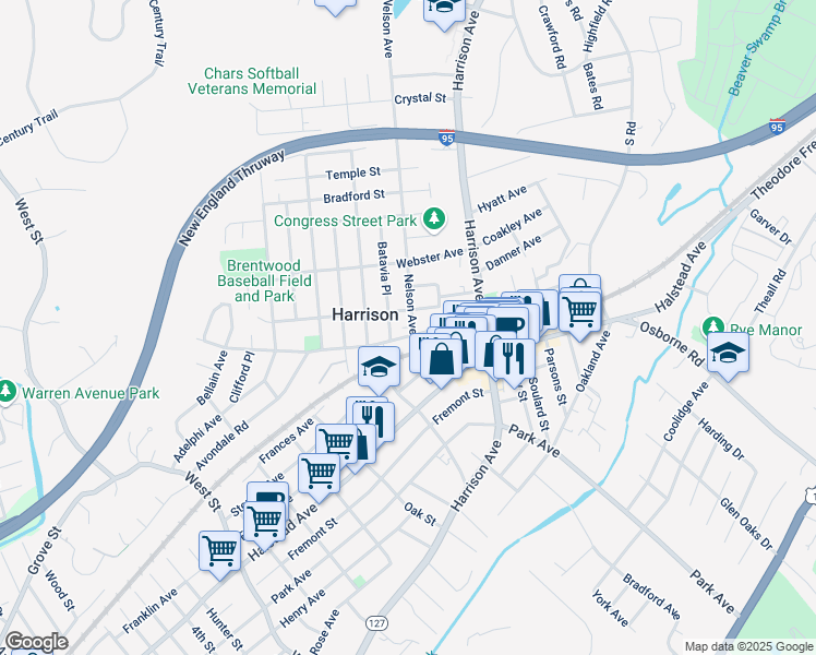 map of restaurants, bars, coffee shops, grocery stores, and more near 12 Nelson Avenue in Harrison