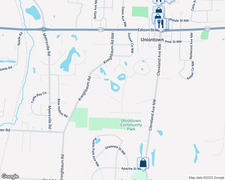 map of restaurants, bars, coffee shops, grocery stores, and more near 3863 Lakeland Street Northwest in Uniontown