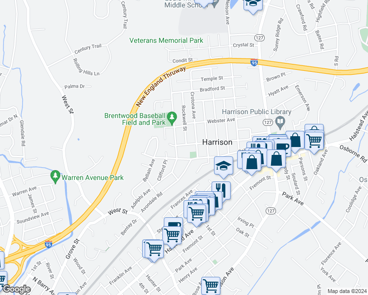 map of restaurants, bars, coffee shops, grocery stores, and more near 105 Holland Street in Harrison