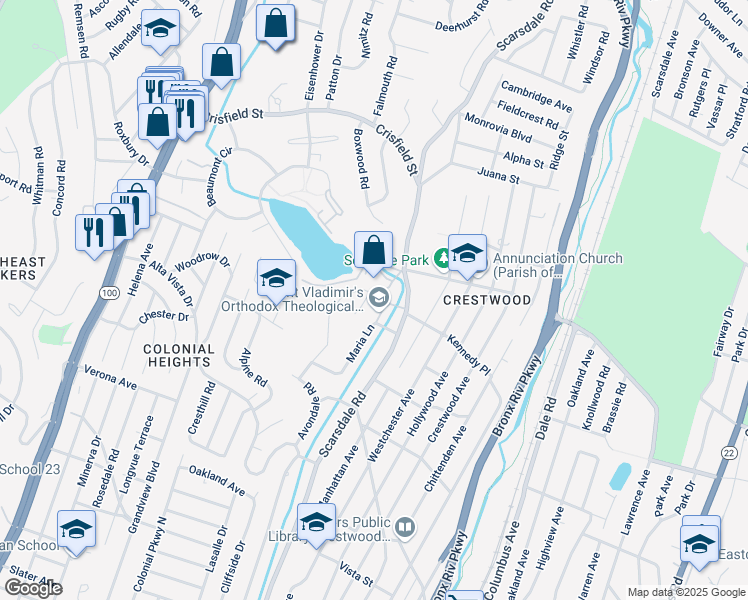 map of restaurants, bars, coffee shops, grocery stores, and more near 575 Scarsdale Road in Tuckahoe