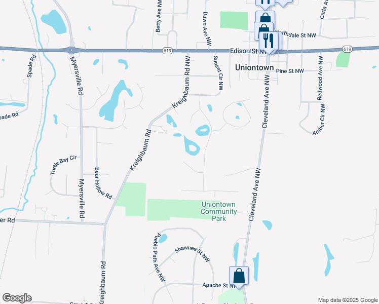 map of restaurants, bars, coffee shops, grocery stores, and more near 3863 Lakeland St NW in Uniontown