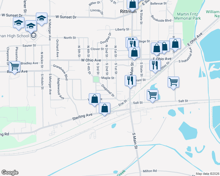 map of restaurants, bars, coffee shops, grocery stores, and more near 14 S 2nd St in Rittman