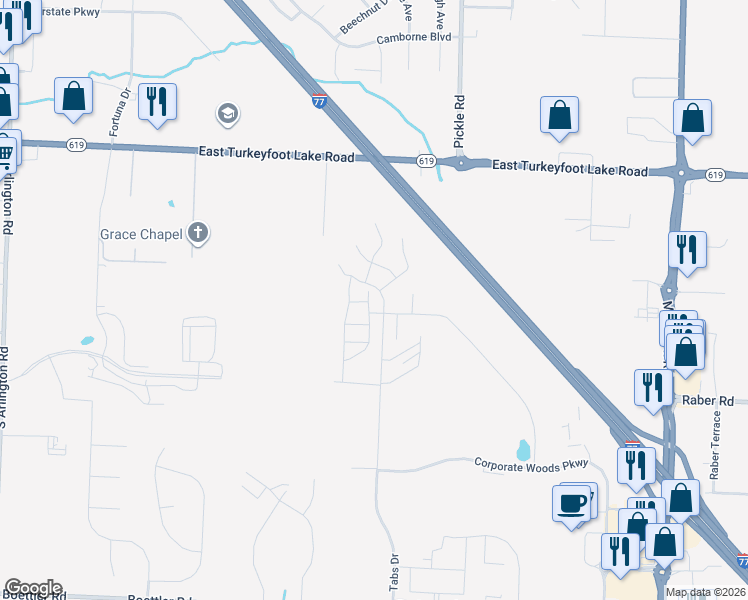 map of restaurants, bars, coffee shops, grocery stores, and more near 3447 Forest Lake Drive in Uniontown