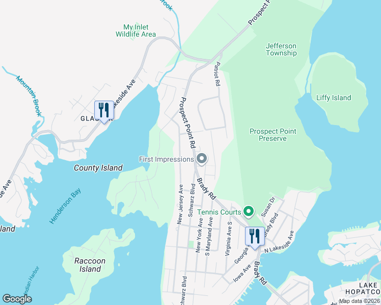 map of restaurants, bars, coffee shops, grocery stores, and more near 22 Prospect Point Road in Jefferson