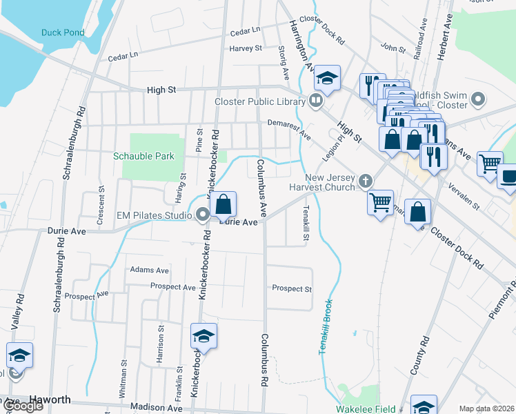 map of restaurants, bars, coffee shops, grocery stores, and more near 329 Durie Avenue in Closter