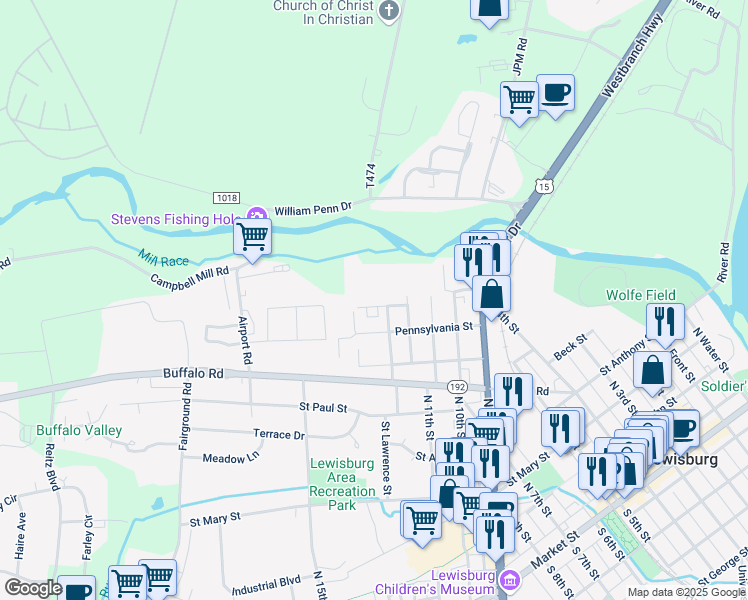 map of restaurants, bars, coffee shops, grocery stores, and more near 614 Maple Street in Lewisburg