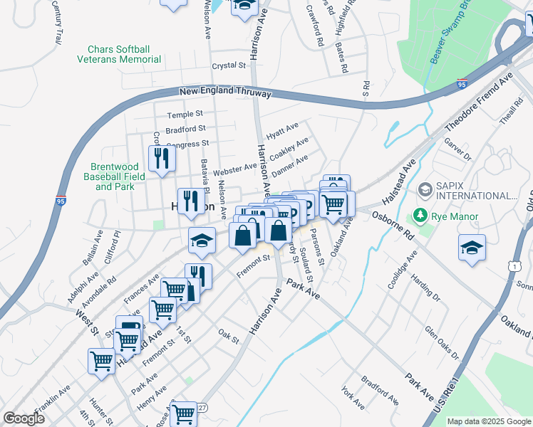 map of restaurants, bars, coffee shops, grocery stores, and more near 250 Harrison Avenue in Harrison