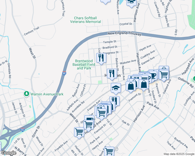 map of restaurants, bars, coffee shops, grocery stores, and more near 105 Holland Street in Harrison