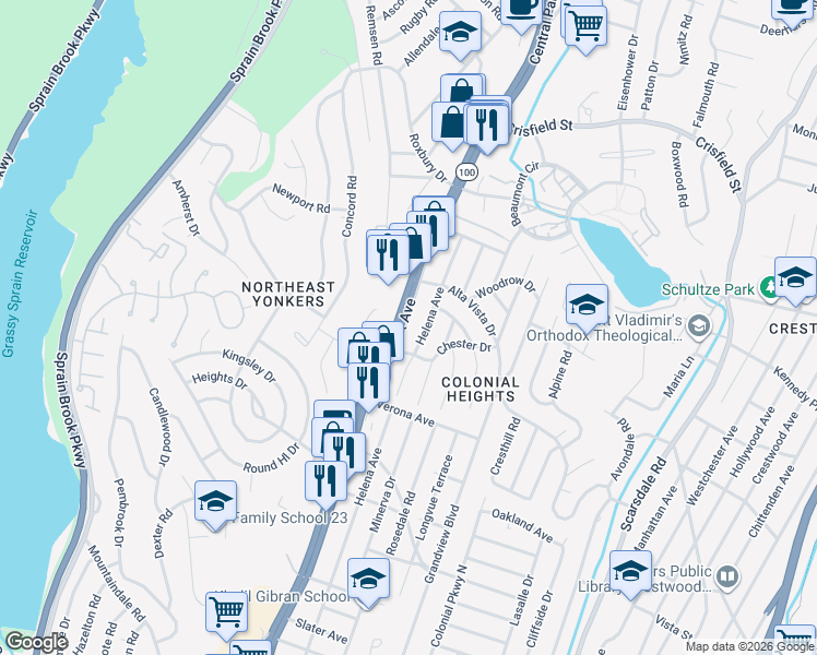 map of restaurants, bars, coffee shops, grocery stores, and more near 2092 Central Park Avenue in Yonkers
