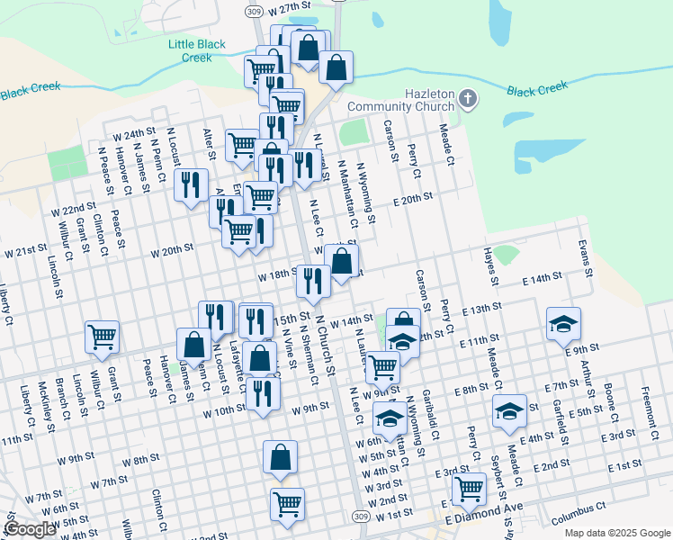 map of restaurants, bars, coffee shops, grocery stores, and more near 121-199 West 17th Street in Hazleton