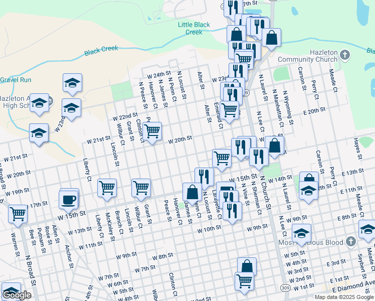 map of restaurants, bars, coffee shops, grocery stores, and more near 501-521 W 19th St in Hazleton