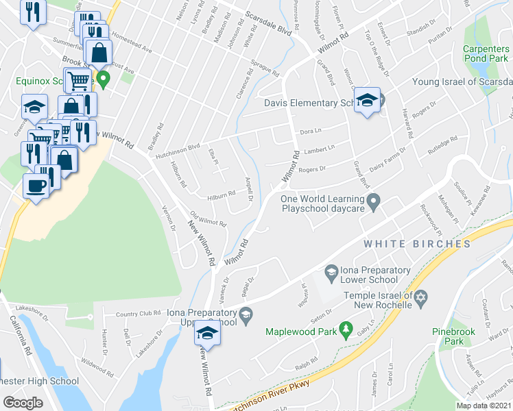 map of restaurants, bars, coffee shops, grocery stores, and more near 29 Anpell Drive in Scarsdale