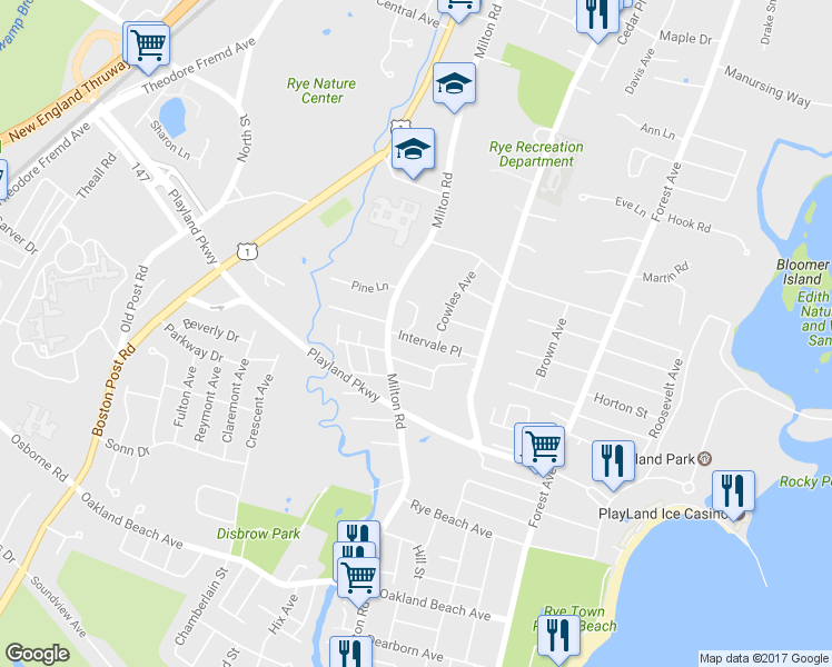 map of restaurants, bars, coffee shops, grocery stores, and more near 2 Indian Hill Road in Rye