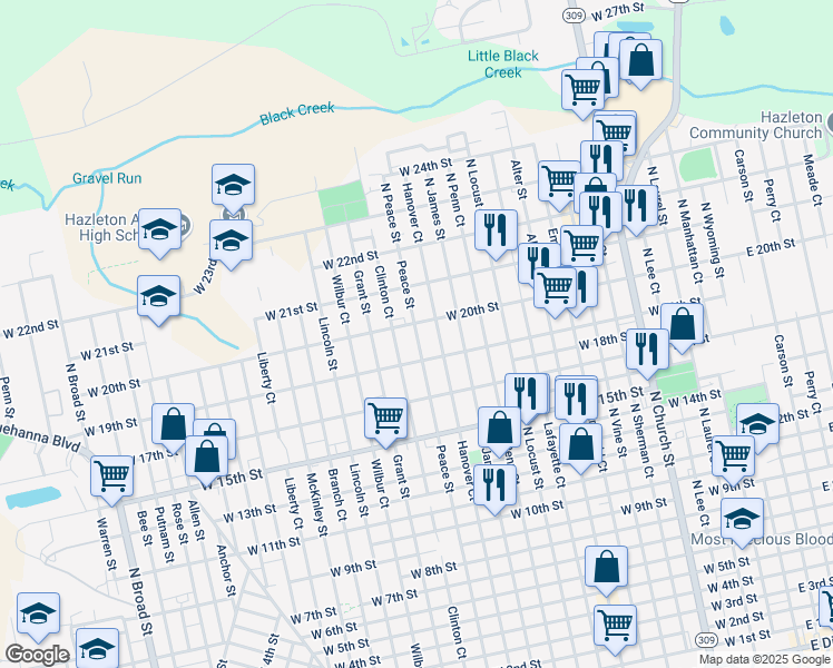 map of restaurants, bars, coffee shops, grocery stores, and more near 903 Peace Street in Hazleton