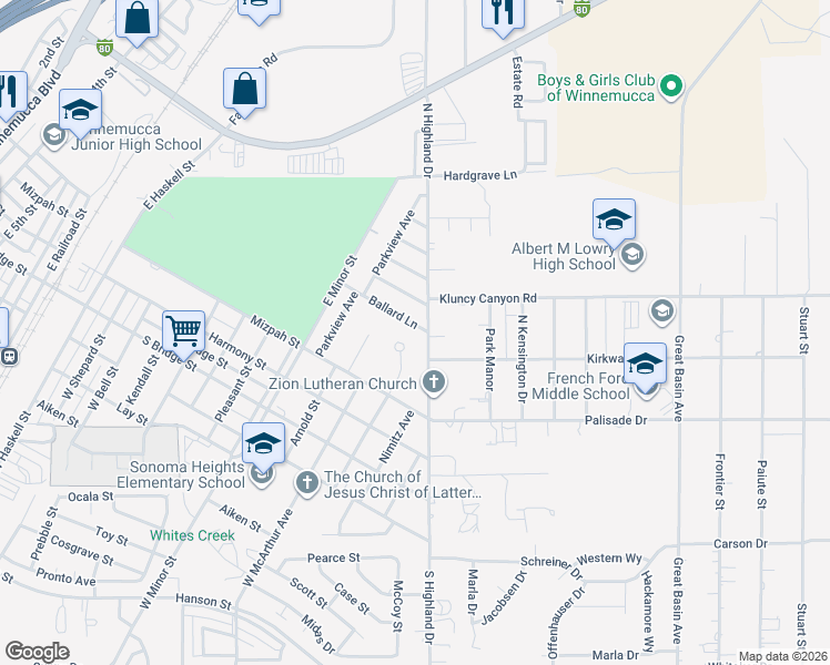 map of restaurants, bars, coffee shops, grocery stores, and more near 28 Twyila Court in Winnemucca