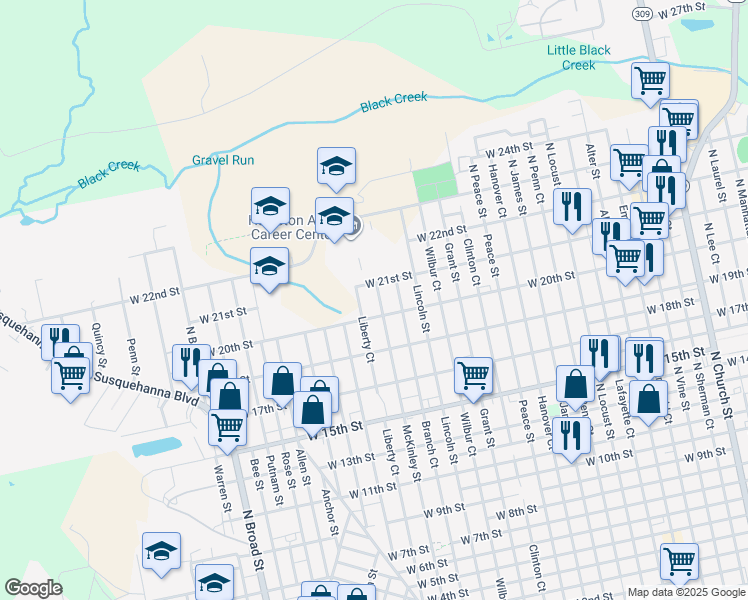 map of restaurants, bars, coffee shops, grocery stores, and more near 942 McKinley Street in Luzerne County