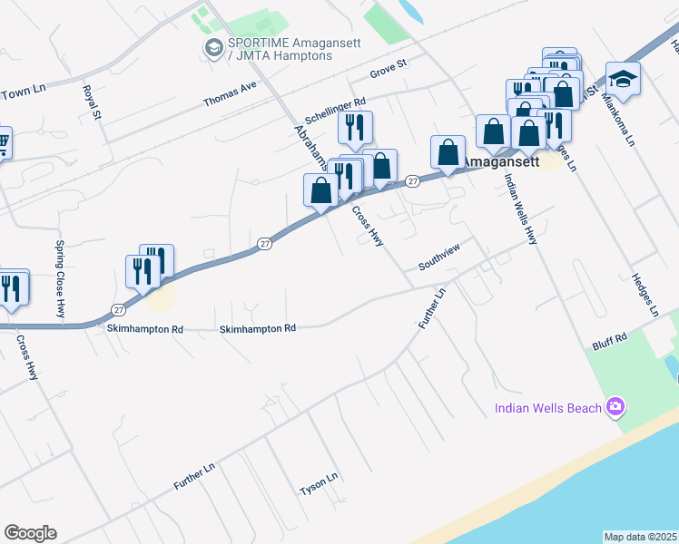 map of restaurants, bars, coffee shops, grocery stores, and more near 52 Handy Lane in East Hampton