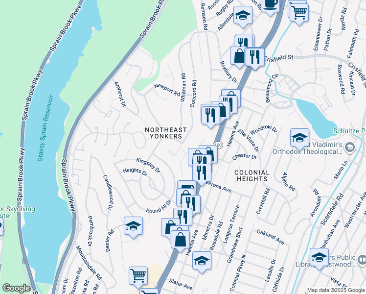 map of restaurants, bars, coffee shops, grocery stores, and more near 357 Concord Road in Yonkers