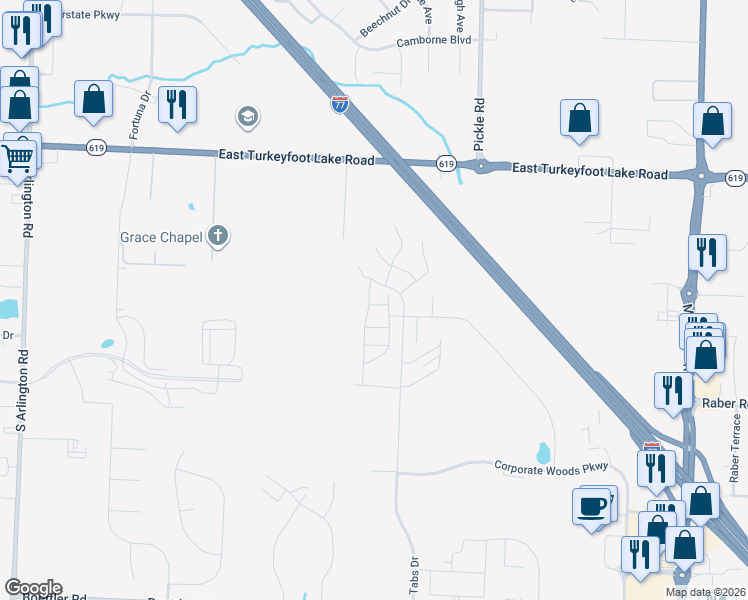 map of restaurants, bars, coffee shops, grocery stores, and more near 3447 Forest Lake Drive in Uniontown