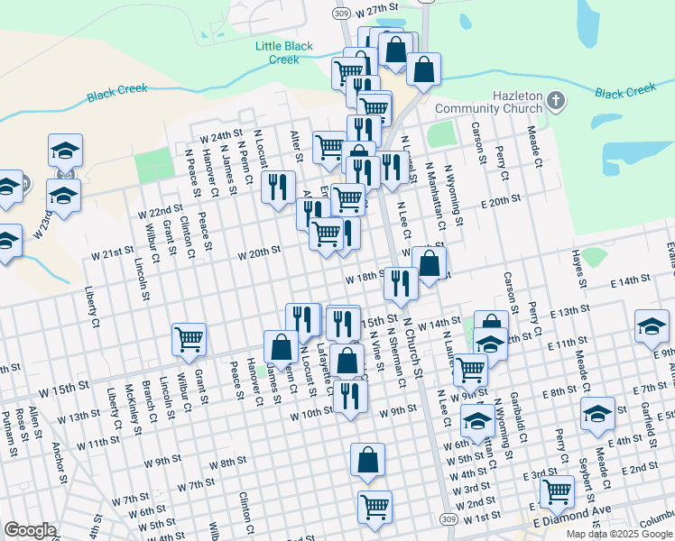 map of restaurants, bars, coffee shops, grocery stores, and more near 874 Emerald Ct in Hazleton